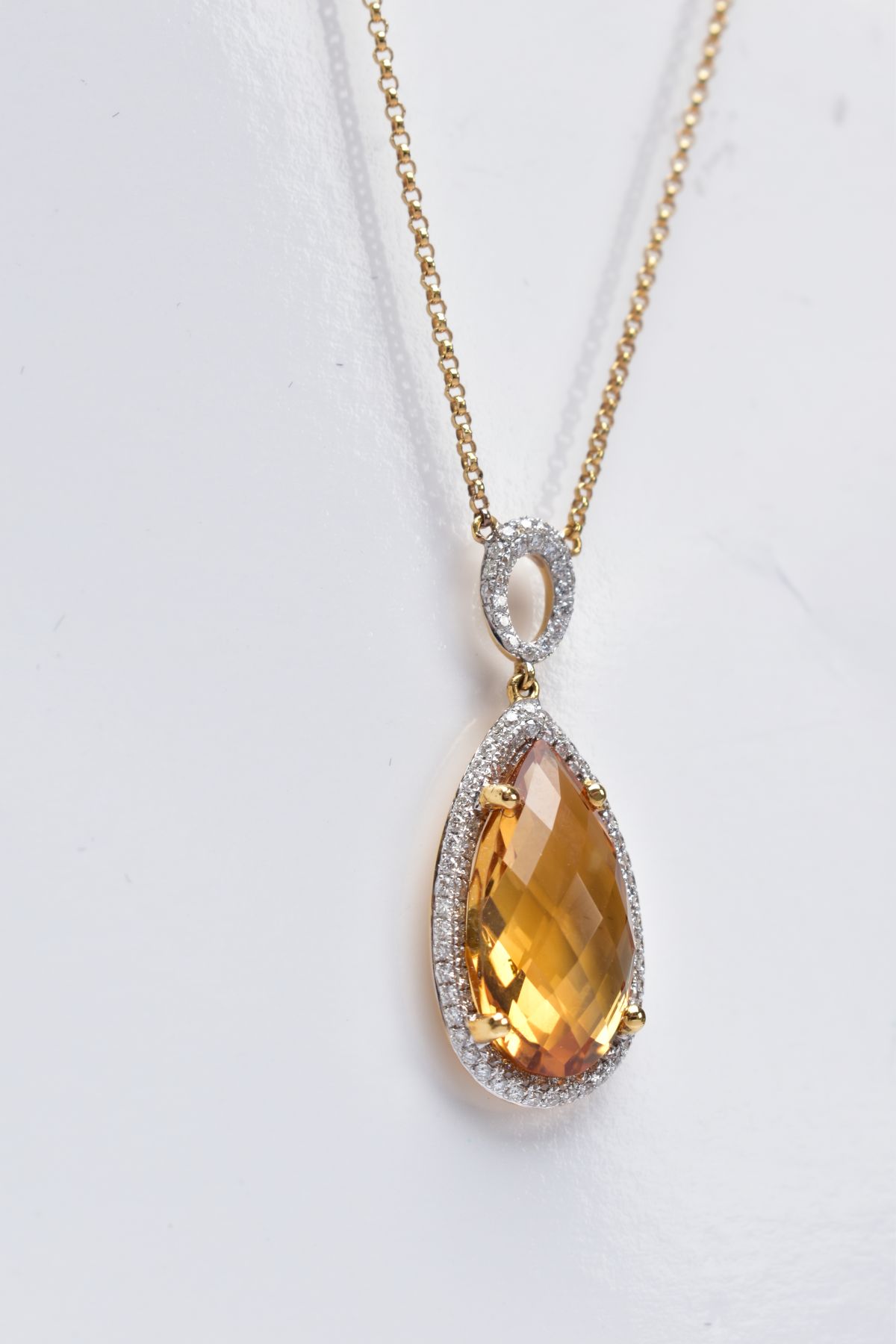 AN 18CT GOLD CITRINE AND DIAMOND PENDANT NECKLET, designed with a claw set pear cut citrine, - Image 3 of 5