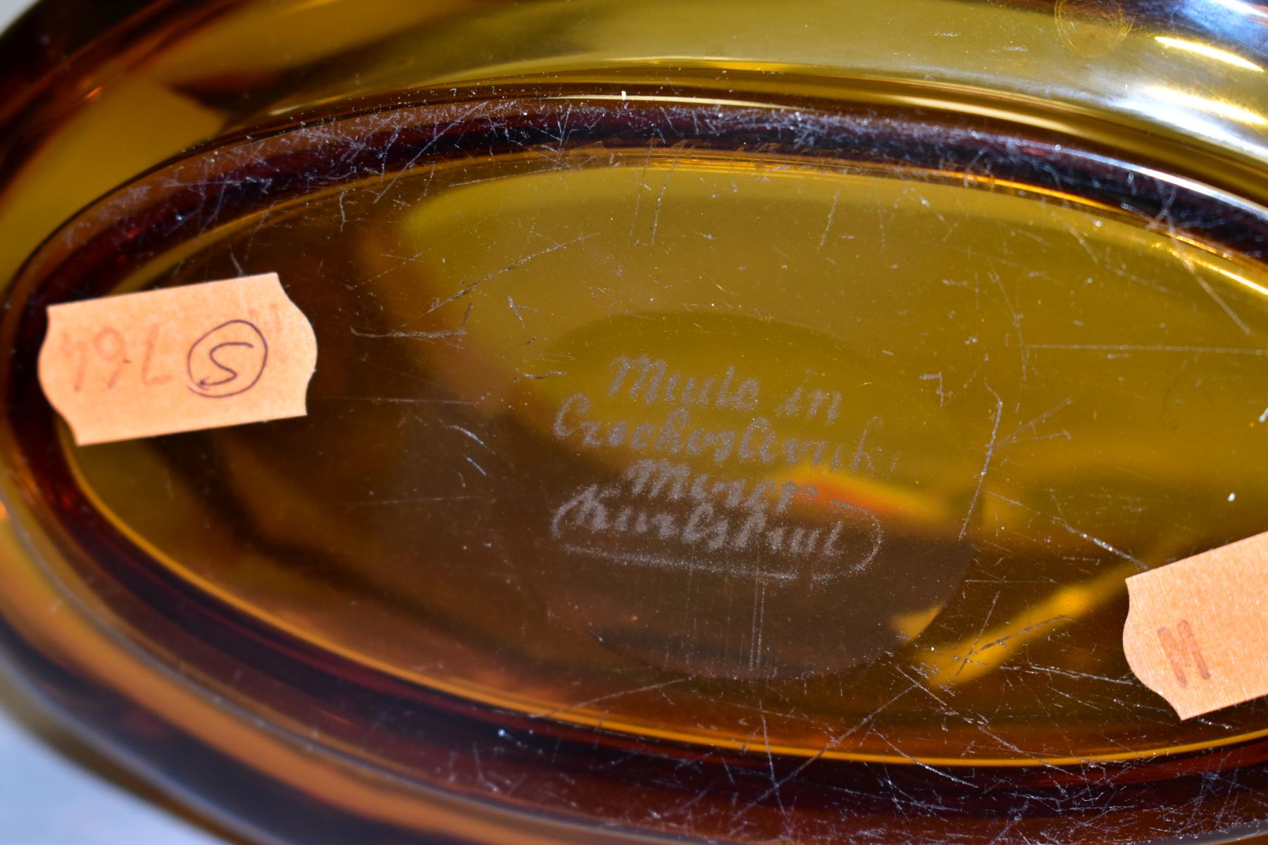 A MOSER OVAL AMBER GLASS VASE, with a gilt band of relief decorated Amazons with spears, shields and - Image 8 of 8