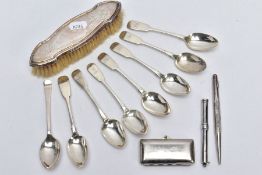 A SMALL QUANTITY OF SILVER TEASPOONS, A SILVER CLOTHES BRUSH, SILVER PENCIL HOLDER etc, to include