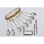 A SMALL QUANTITY OF SILVER TEASPOONS, A SILVER CLOTHES BRUSH, SILVER PENCIL HOLDER etc, to include