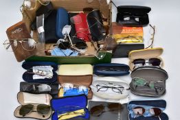 A BOX OF GLASSES AND SUNGLASSES, to include a variety of prescription glasses and sunglasses some