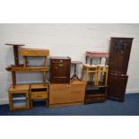 A QUANTITY OF OCCASSIONAL FURNITURE, to include a mahogany corner cupboard, teak finish two door