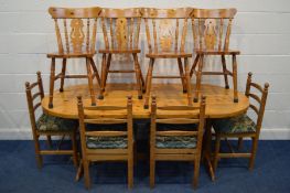 A MODERN PITCH PINE KITCHEN TABLE, 199cm x depth 90cm x height 73cm, four ladder backs and four