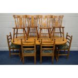 A MODERN PITCH PINE KITCHEN TABLE, 199cm x depth 90cm x height 73cm, four ladder backs and four