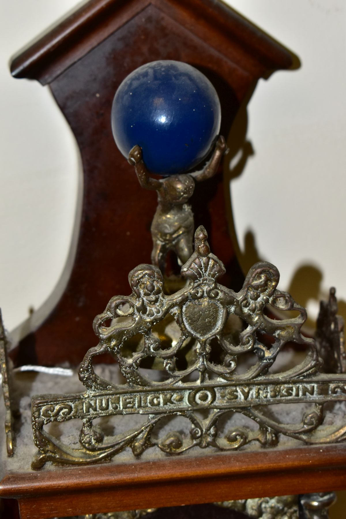 A REPRODUCTION DUTCH STYLE WALL CLOCK, with Atlas finial above, pierced gallery and crest, dial with - Image 4 of 5