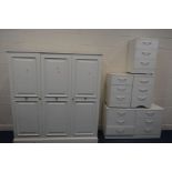 AN OLYMPUS WHITE THREE DOOR WARDROBE, one door revealing a fitted section width 164cm x depth 55cm x
