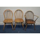 A PAIR OF ERCOL BEECH AND ELM MODEL 400 KITCHEN CHAIRS, along with an Ercol golden dawn kitchen