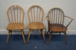 A PAIR OF ERCOL BEECH AND ELM MODEL 400 KITCHEN CHAIRS, along with an Ercol golden dawn kitchen