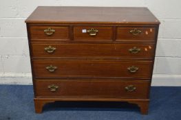 A GEORGIAN MAHOGANY AND BOX STRUNG CHEST OF THREE SHORT OVER THREE LONG DRAWERS, with brass swan