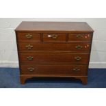 A GEORGIAN MAHOGANY AND BOX STRUNG CHEST OF THREE SHORT OVER THREE LONG DRAWERS, with brass swan