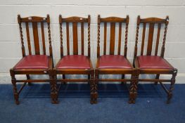 A SET OF EARLY TO MID 20TH CENTURY OAK BARLEY TWIST CHAIRS, with burgundy leatherette drop in seat