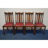 A SET OF EARLY TO MID 20TH CENTURY OAK BARLEY TWIST CHAIRS, with burgundy leatherette drop in seat