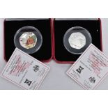 BOXED ISLE OF MAN 2008 SILVER PROOF PAIR OF CHRISTMAS FIFTY PENCE COINS, to include a coloured