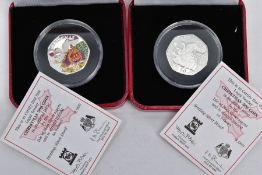 BOXED ISLE OF MAN 2008 SILVER PROOF PAIR OF CHRISTMAS FIFTY PENCE COINS, to include a coloured