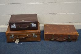 THREE VARIOUS SUITCASES, including one leather suitcase (sd)