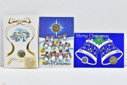 ISLE OF MAN CHRISTMAS FIFTY PENCE COINS, to include 1994 diamond finish Wren Hunting on card, 1995