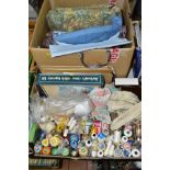 TWO BOXES OF LACEMAKERS EQUIPMENT, OTHER NEEDLEWORK, ACCESSORIES AND HABERDASHERY, including