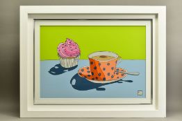 DYLAN IZAAK (BRITISH CONTEMPORARY) 'TEA AND CAKE II' a cupcake and cup of tea against a colourful