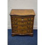 A REPRODUCTION GEORGIAN STYLE BURR WALNUT AND CROSSBANDED SEPENTINE CHEST OF FOUR LONG DRAWER,
