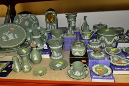 A COLLECTION OF BOXED AND UNBOXED WEDGWOOD GREEN JASPERWARE, including salt and pepper pots, a