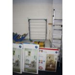 THREE MOTHERCARE BABY GATES, a clothes airer, two sets of Aluminium steps, and a toolbox