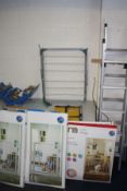 THREE MOTHERCARE BABY GATES, a clothes airer, two sets of Aluminium steps, and a toolbox