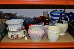 FIVE BOXES AND LOOSE CERAMICS, GLASSWARE, ETC, including assorted plant pots and jardinières,