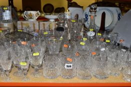 A QUANTITY OF ASSORTED GLASSWARE, including tumblers, brandy glasses, wine glasses, Tutbury
