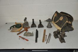 A COLLECTION OF VINTAGE TOOLS, IRONS, CASTERS ETC, including a Record No 043 gauge, a Spongs Bean