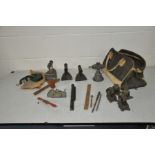 A COLLECTION OF VINTAGE TOOLS, IRONS, CASTERS ETC, including a Record No 043 gauge, a Spongs Bean