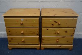 A PAIR OF MODERN PINE THREE DRAWER BEDSIDE CABINETS, width 61cm x depth 43cm x height 72cm