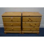 A PAIR OF MODERN PINE THREE DRAWER BEDSIDE CABINETS, width 61cm x depth 43cm x height 72cm