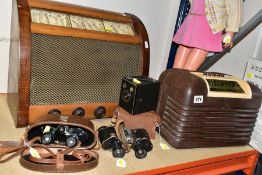 TWO VINTAGE RADIOS, A CAMERA, DOLL AND TWO PAIRS OF BINOCULARS, (ONE CASED), comprising a brown