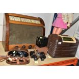 TWO VINTAGE RADIOS, A CAMERA, DOLL AND TWO PAIRS OF BINOCULARS, (ONE CASED), comprising a brown