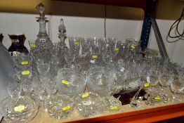 A QUANTITY OF CUT GLASSWARES, ETC, to include two decanters, various glasses (wines, tumblers,