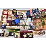 TWO BOXES OF COSTUME JEWELLERY, FLATWARE AND ITEMS, to include a box of mostly costume jewellery