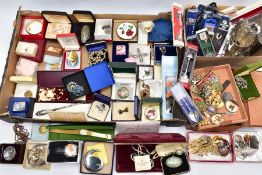 TWO BOXES OF COSTUME JEWELLERY, FLATWARE AND ITEMS, to include a box of mostly costume jewellery