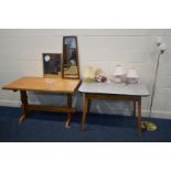 A FORMICA TOPPED AND BEECH KITCHEN TABLE with a single drawer, width 106cm x depth 68cm x height