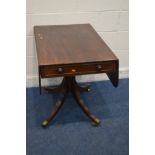 A GEORGIAN MAHOGANY AND CROSSBANDED PEDESTAL PEMBROOKE TABLE, with a single drawer, splayed legs,