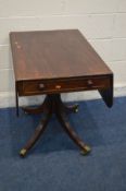 A GEORGIAN MAHOGANY AND CROSSBANDED PEDESTAL PEMBROOKE TABLE, with a single drawer, splayed legs,