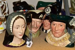 SEVEN ROYAL DOULTON LARGE CHARACTER JUGS, comprising Anne Boleyn D6644, Sir Thomas More D6792,