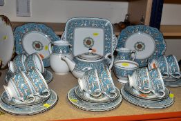 WEDGWOOD 'FLORENTINE' TURQUOISE TEAWARES, W2714, comprising teapot (finial reglued), large jug,