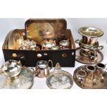 A BOX OF METALWARE, to include two silver plated black handles teapots, an EPNS teapot with black