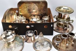 A BOX OF METALWARE, to include two silver plated black handles teapots, an EPNS teapot with black