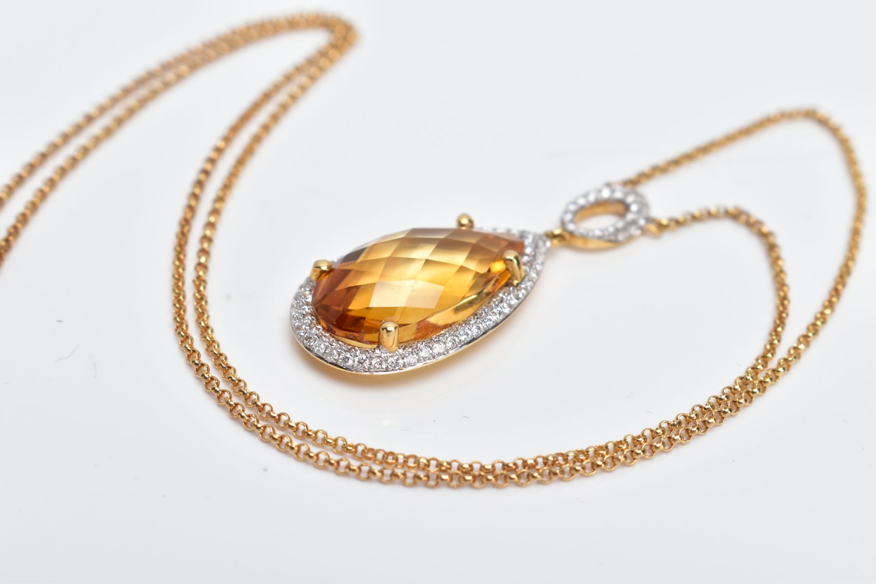 AN 18CT GOLD CITRINE AND DIAMOND PENDANT NECKLET, designed with a claw set pear cut citrine, - Image 5 of 5