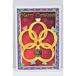 CHRISTMAS COLOURED FIVE GOLDEN RINGS FIFTY PENCE, Isle of Man coin Pobjoy mounted on card in 2009, a