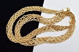 A FLAT YELLOW METAL MESH CHAIN, multi weaving fine chains, fitted with a lobster claw clasp, stamped