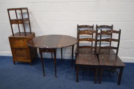 AN EDWARDIAN MAHOGANY OVAL TOPPED GATE LEG TABLE (missing one leg) along with an oak two tier fall