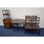 AN EDWARDIAN MAHOGANY OVAL TOPPED GATE LEG TABLE (missing one leg) along with an oak two tier fall