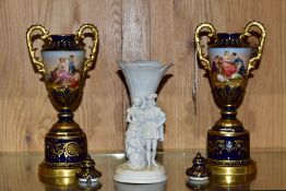 A PAIR OF VIENNA STYLE PORCELAIN PEDESTAL TWIN HANDLED VASES AND COVERS, each decorated with